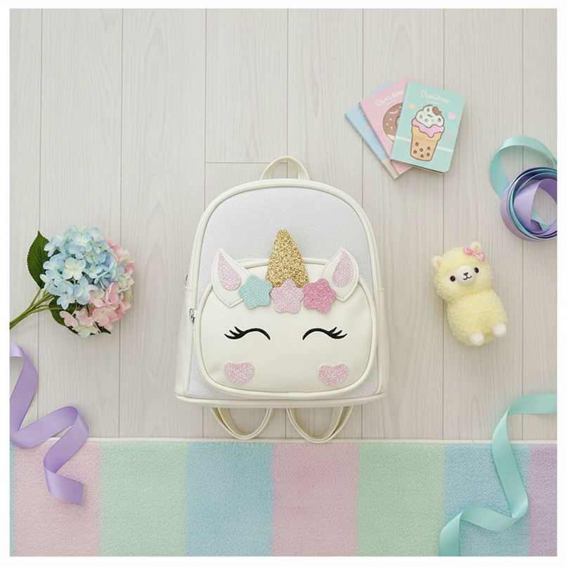 white unicorn backpack with name - flat-lay