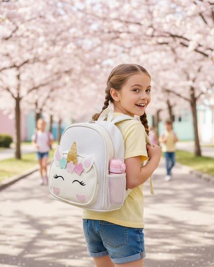 white unicorn backpack with name - in-use