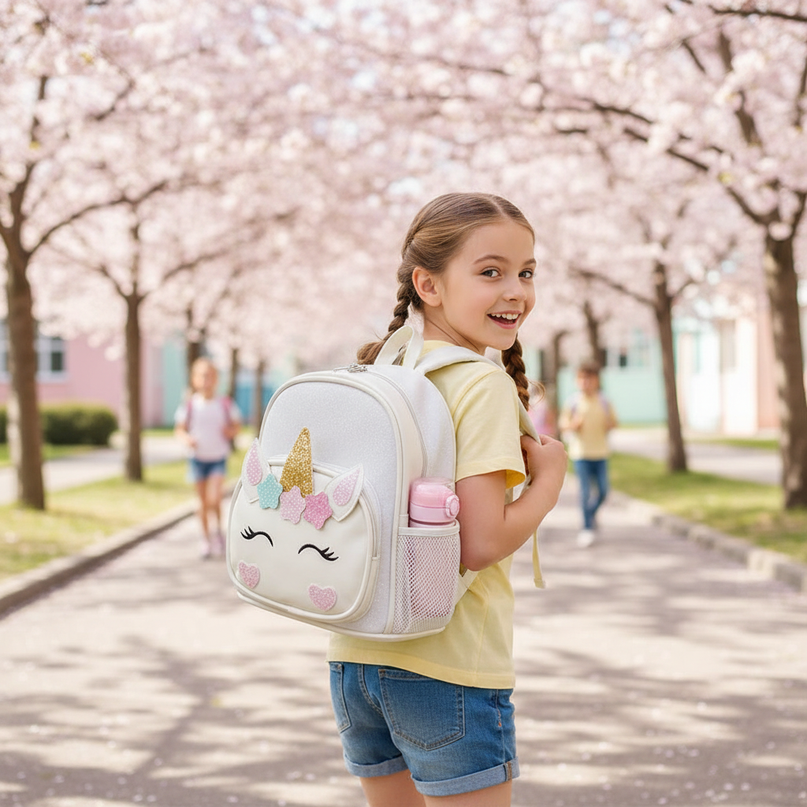 white unicorn backpack with name - in-use