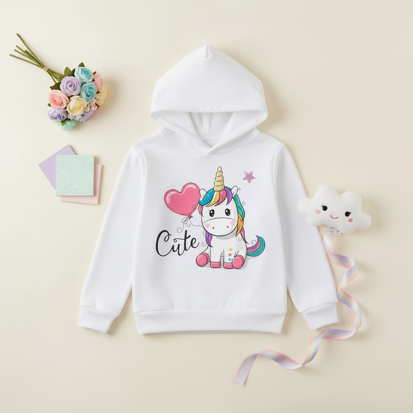 white unicorn balloon hoodie girls - flat-lay