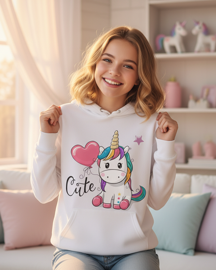 white unicorn balloon hoodie girls - in-use