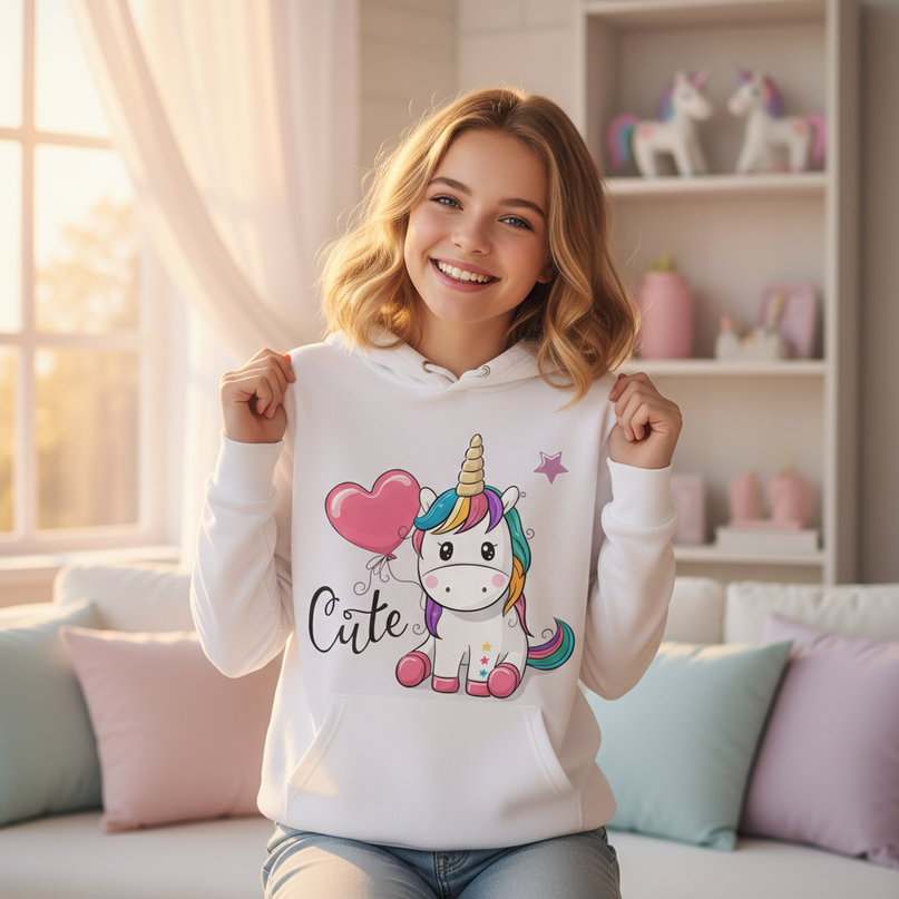 white unicorn balloon hoodie girls - in-use