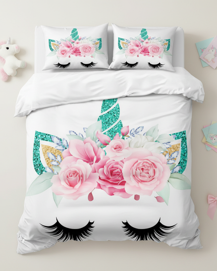 white unicorn bedding - flat-lay