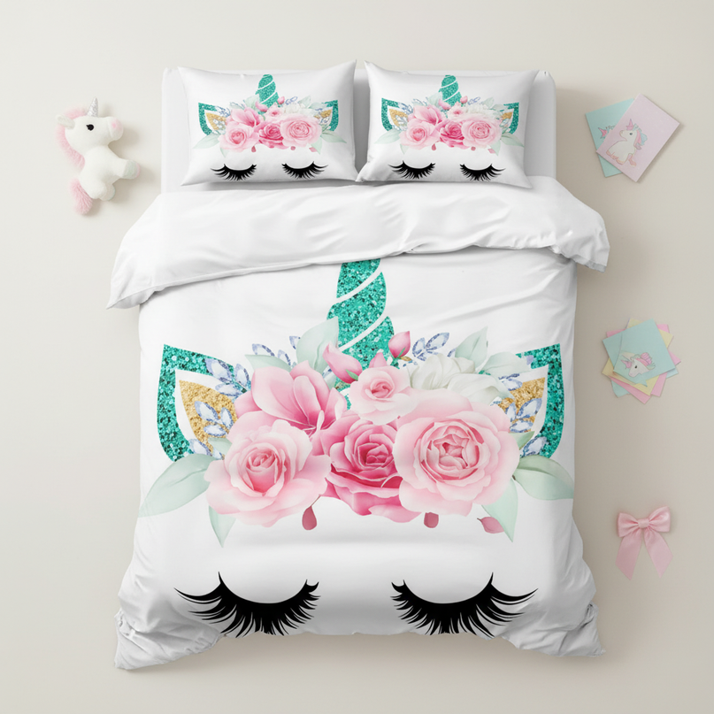 white unicorn bedding - flat-lay