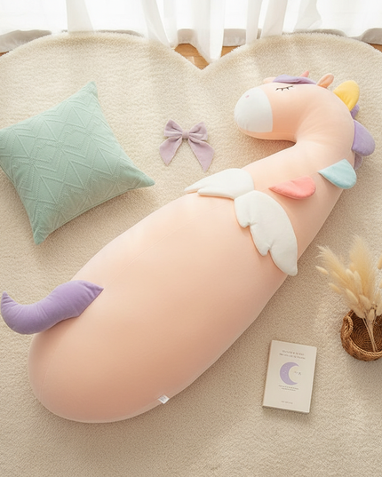 white unicorn body pillow plush - flat-lay