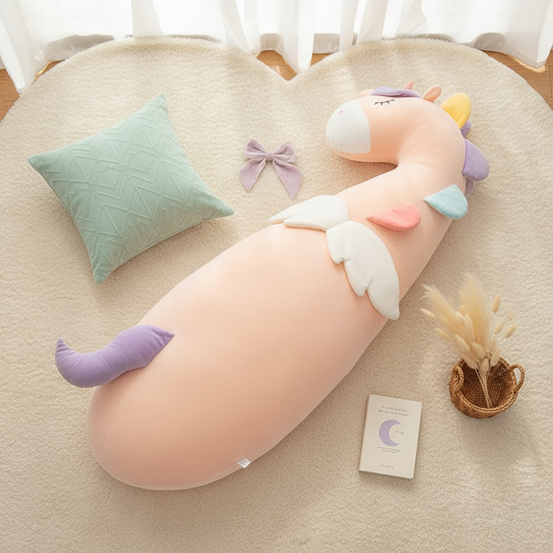 white unicorn body pillow plush - flat-lay