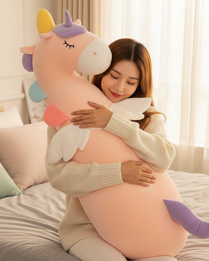 white unicorn body pillow plush - in-use