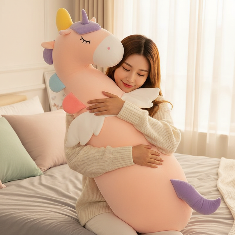 white unicorn body pillow plush - in-use