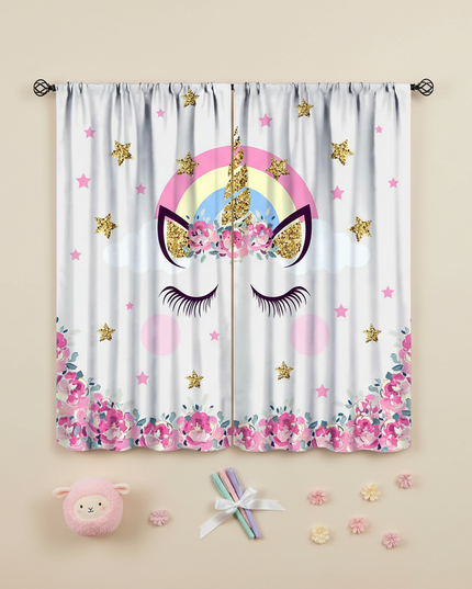 white unicorn curtains - flat-lay