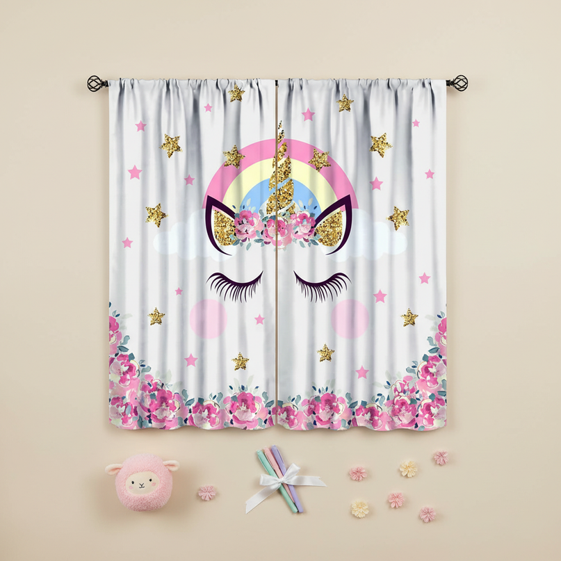 white unicorn curtains - flat-lay