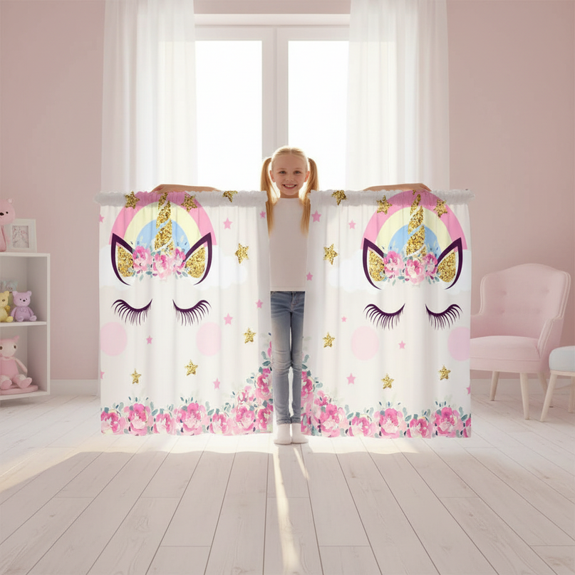 white unicorn curtains - in-use