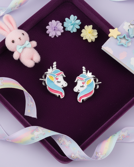 white unicorn earrings - flat-lay
