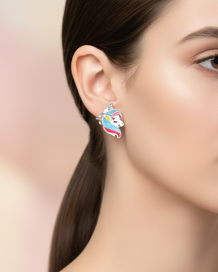white unicorn earrings - in-use