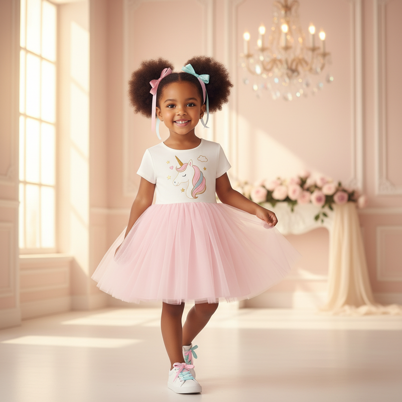 white unicorn embroidery birthday tutu dress - front