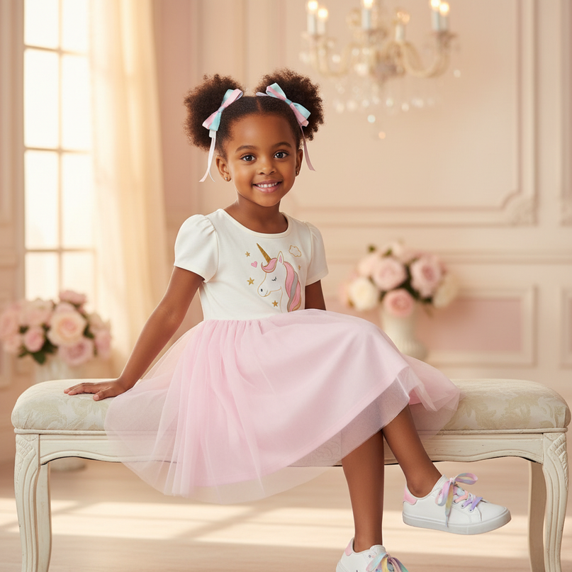 white unicorn embroidery birthday tutu dress - sitting