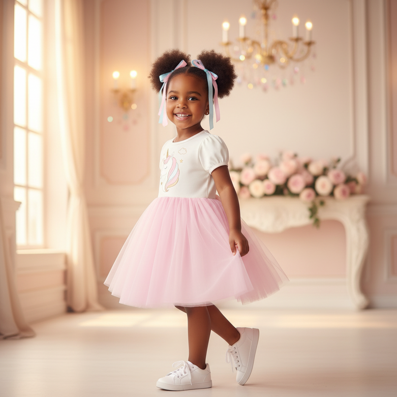 white unicorn embroidery birthday tutu dress - three-quarter