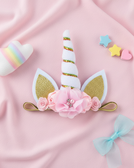 white unicorn floral headband - flat-lay