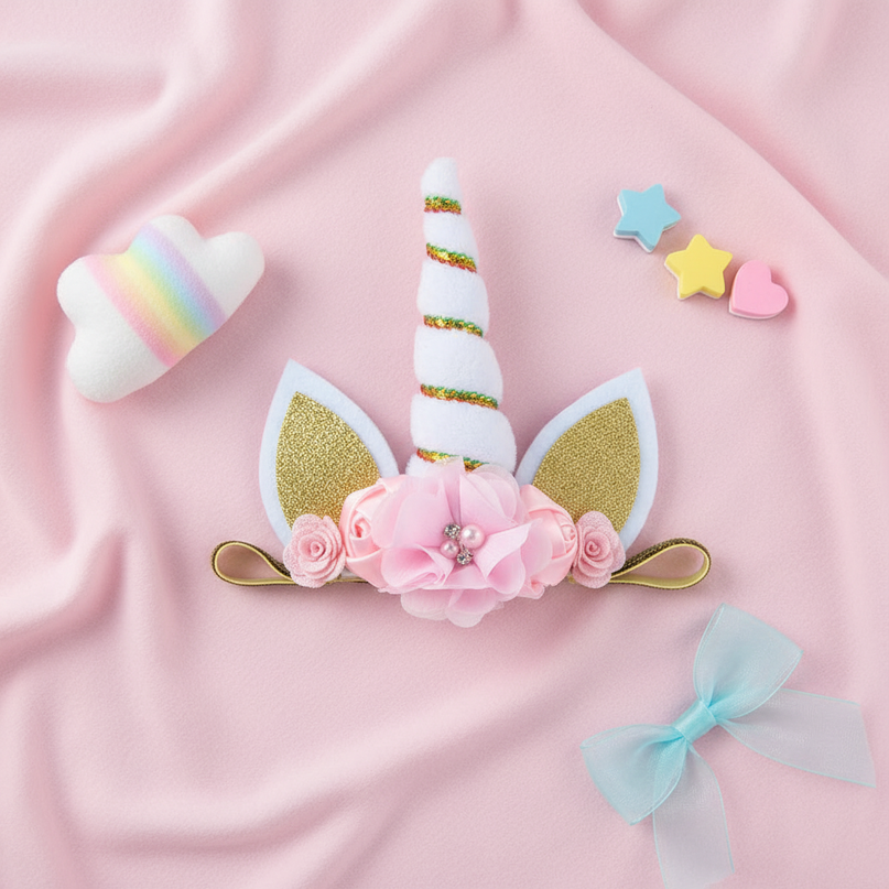 white unicorn floral headband - flat-lay