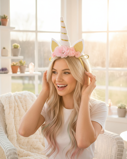 white unicorn floral headband - in-use