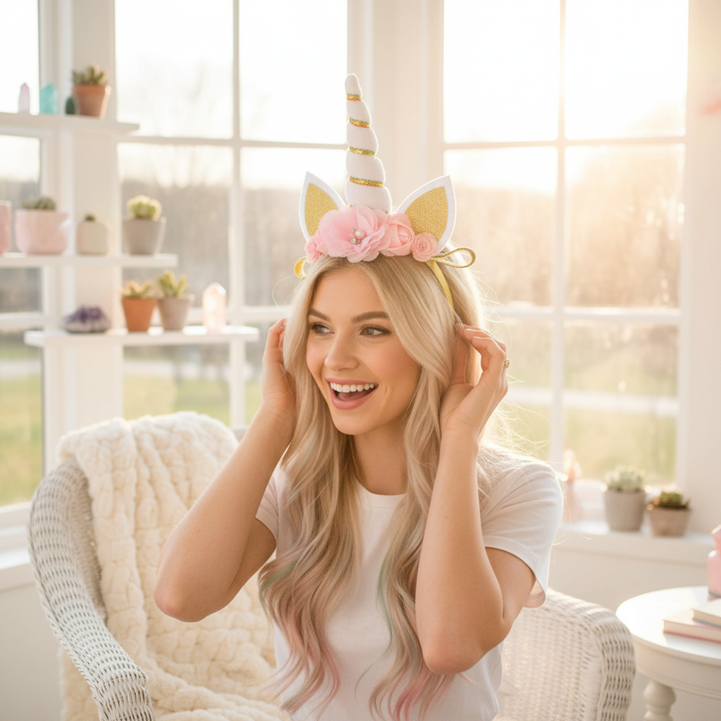 white unicorn floral headband - in-use