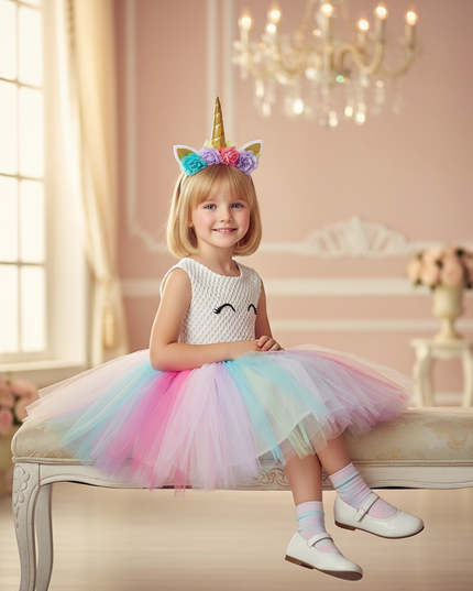white unicorn flower tutu dress set - sitting