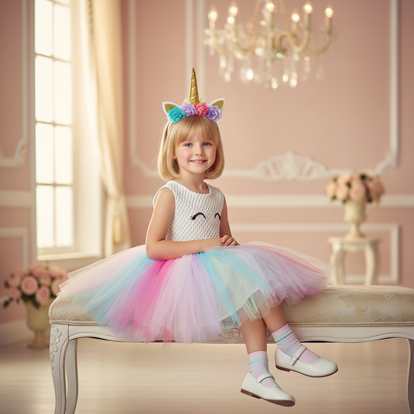 white unicorn flower tutu dress set - sitting