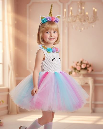 white unicorn flower tutu dress set - three-quarter