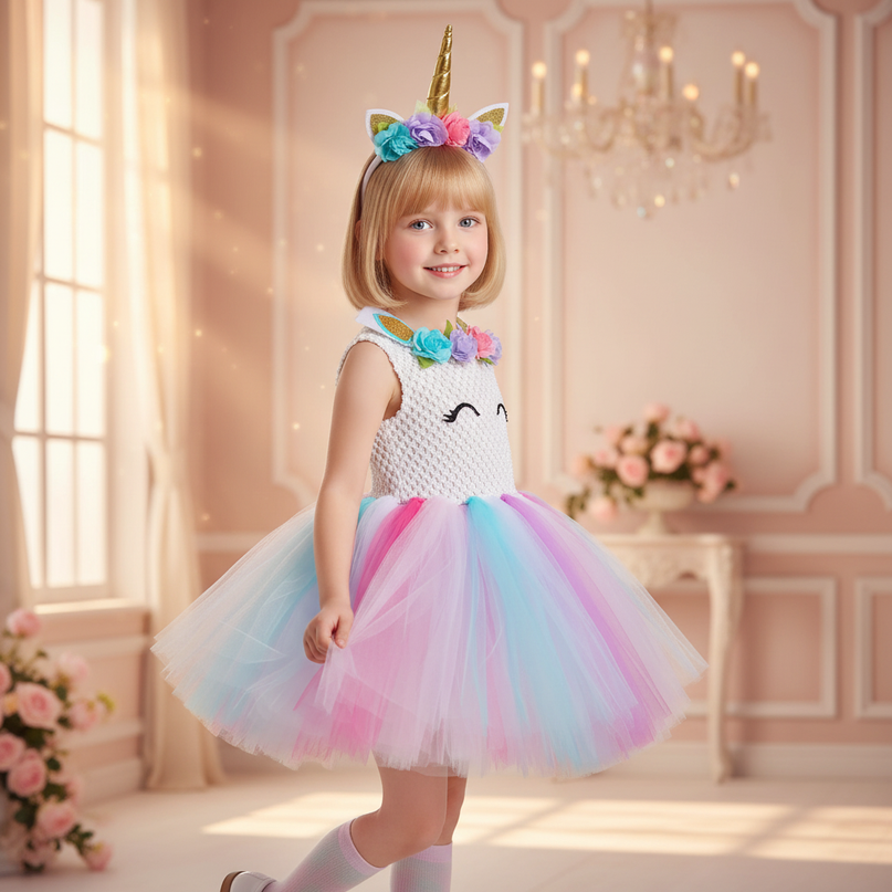 white unicorn flower tutu dress set - three-quarter