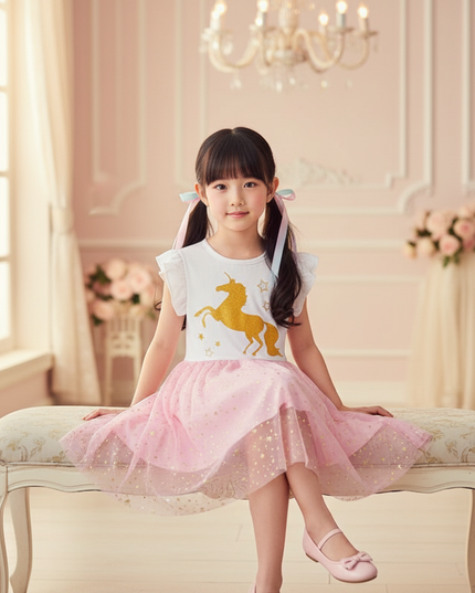 white unicorn gold star tutu dress - sitting