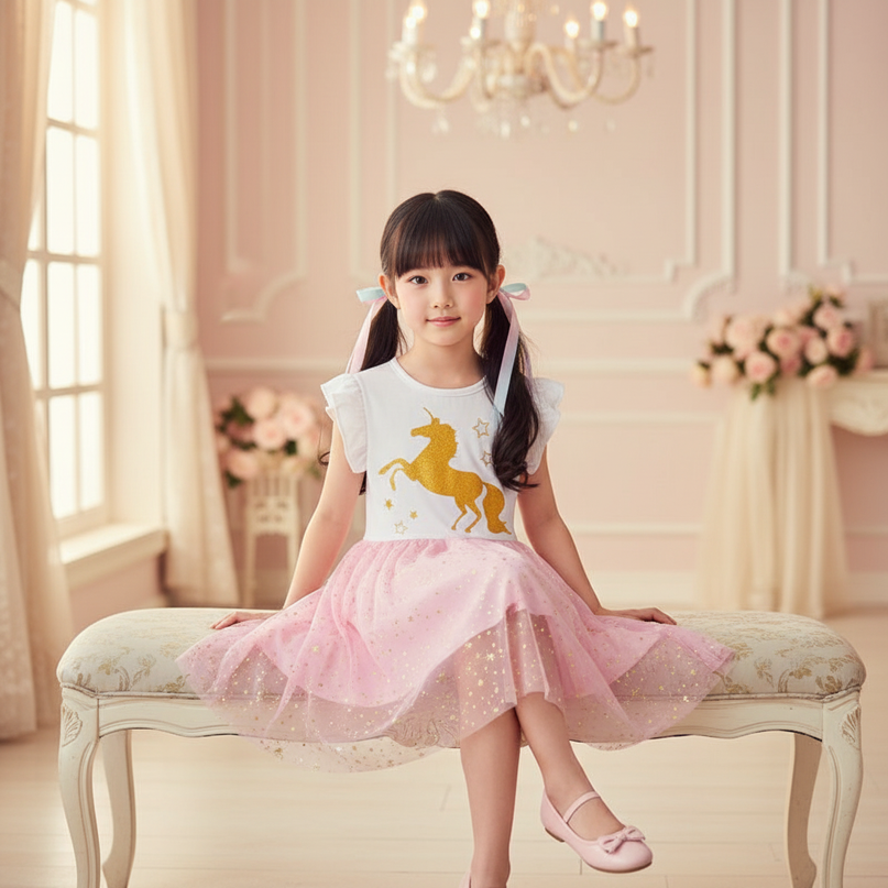 white unicorn gold star tutu dress - sitting
