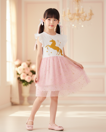 white unicorn gold star tutu dress - three-quarter
