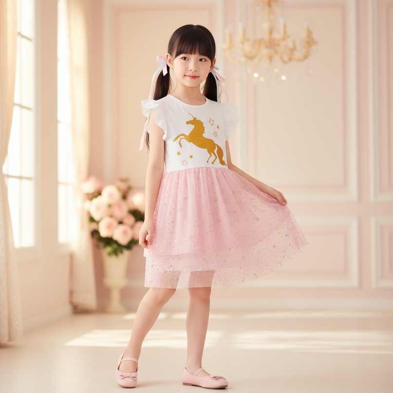 white unicorn gold star tutu dress - three-quarter