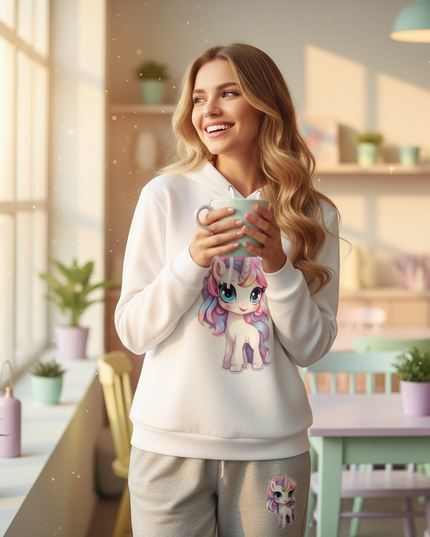 white unicorn hoodie - in-use