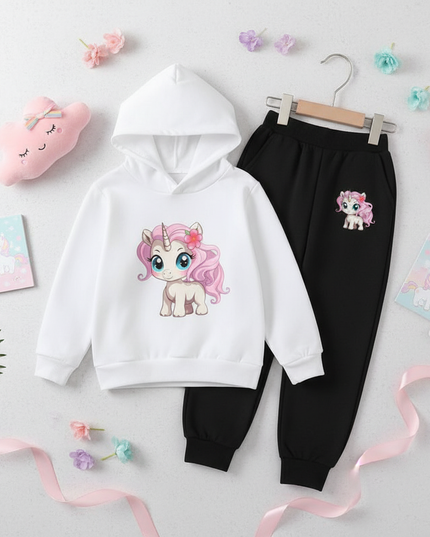 white unicorn hoodie kids set - flat-lay