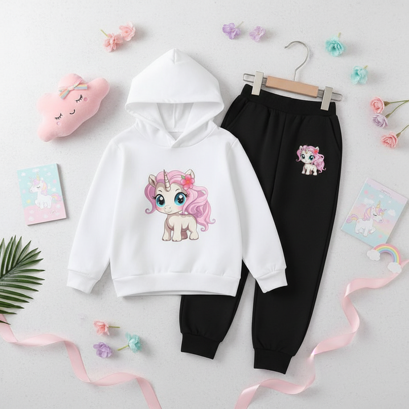 white unicorn hoodie kids set - flat-lay