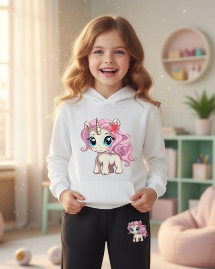 white unicorn hoodie kids set - in-use