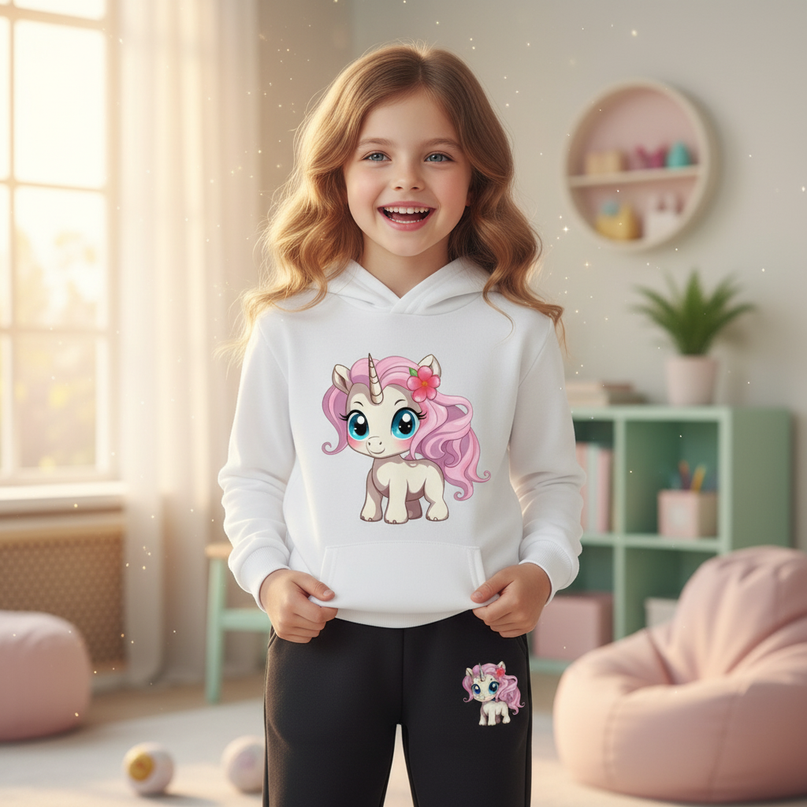 white unicorn hoodie kids set - in-use