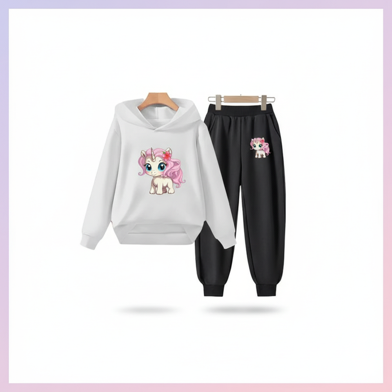 white unicorn hoodie kids set - white-bg