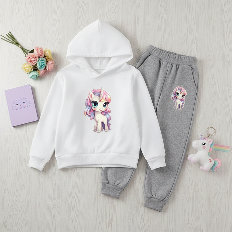 white unicorn hoodie set girls - flat-lay