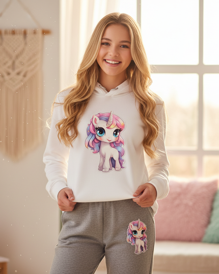 white unicorn hoodie set girls - in-use