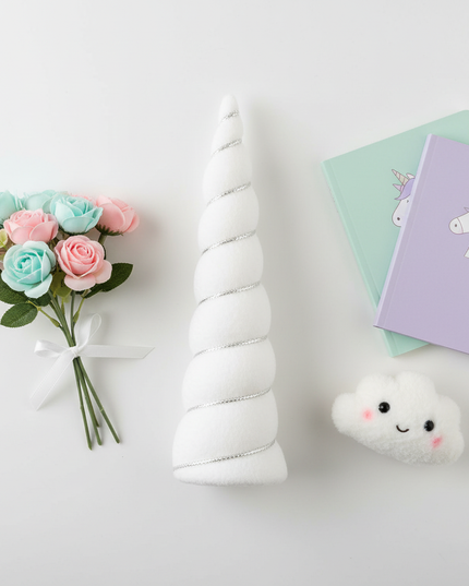 white unicorn horn party set - flat-lay