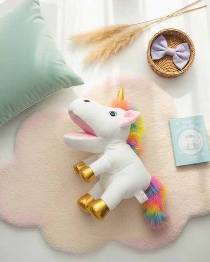 white unicorn plush puppet - flat-lay