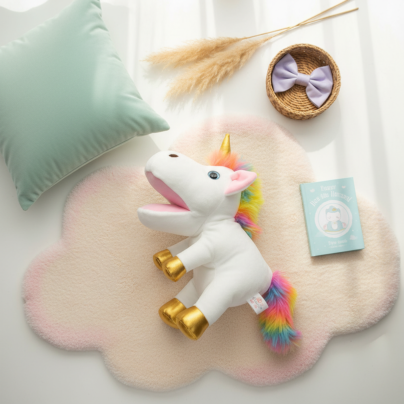 white unicorn plush puppet - flat-lay