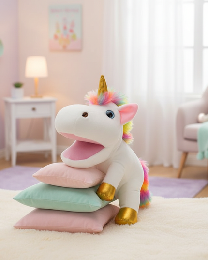 white unicorn plush puppet - lifestyle