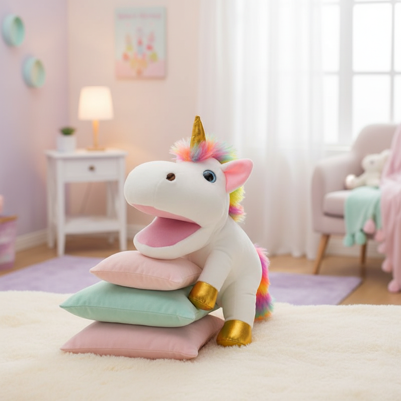 white unicorn plush puppet - lifestyle