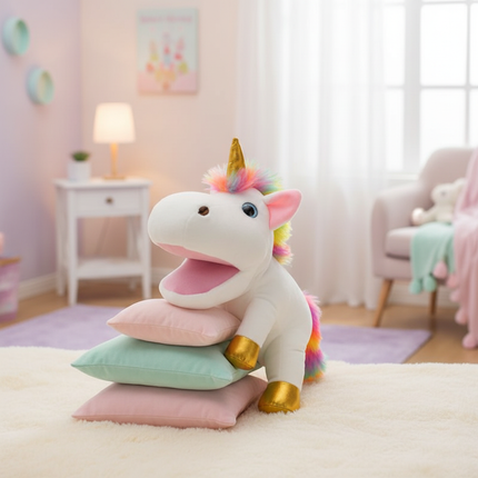 white unicorn plush puppet - lifestyle