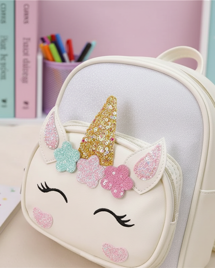 white unicorn school backpack custom name - detail