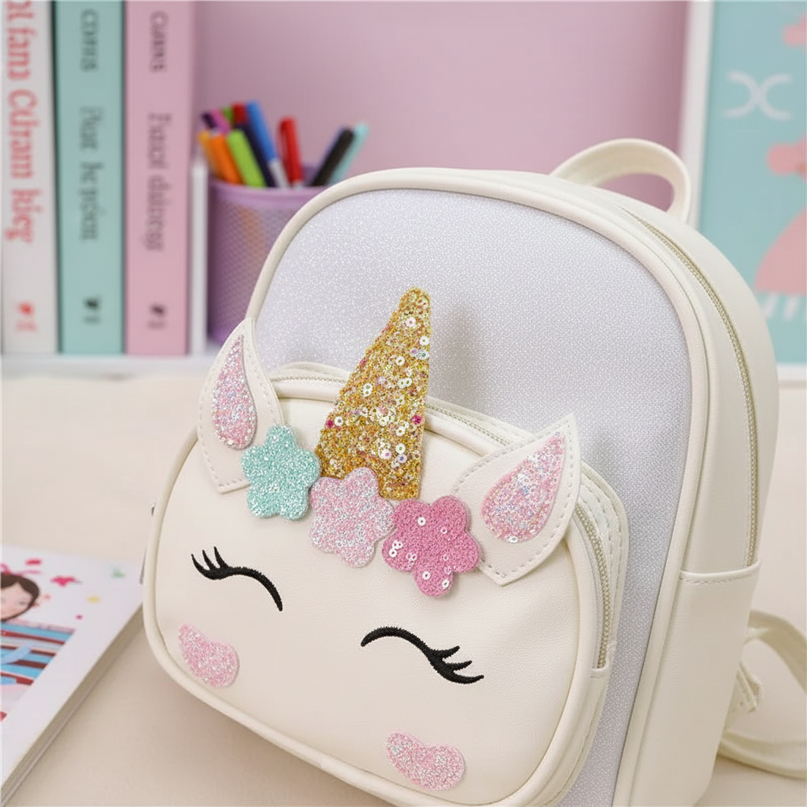 white unicorn school backpack custom name - detail