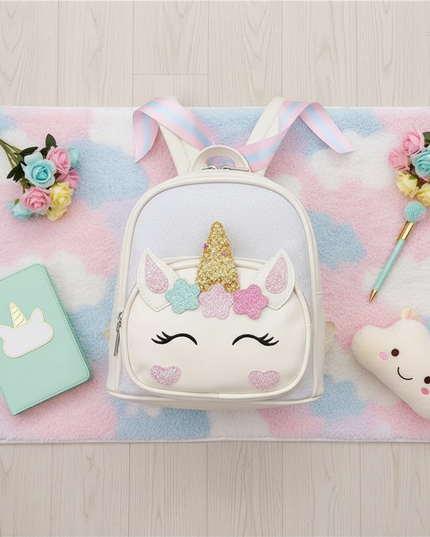 white unicorn school backpack custom name - flat-lay