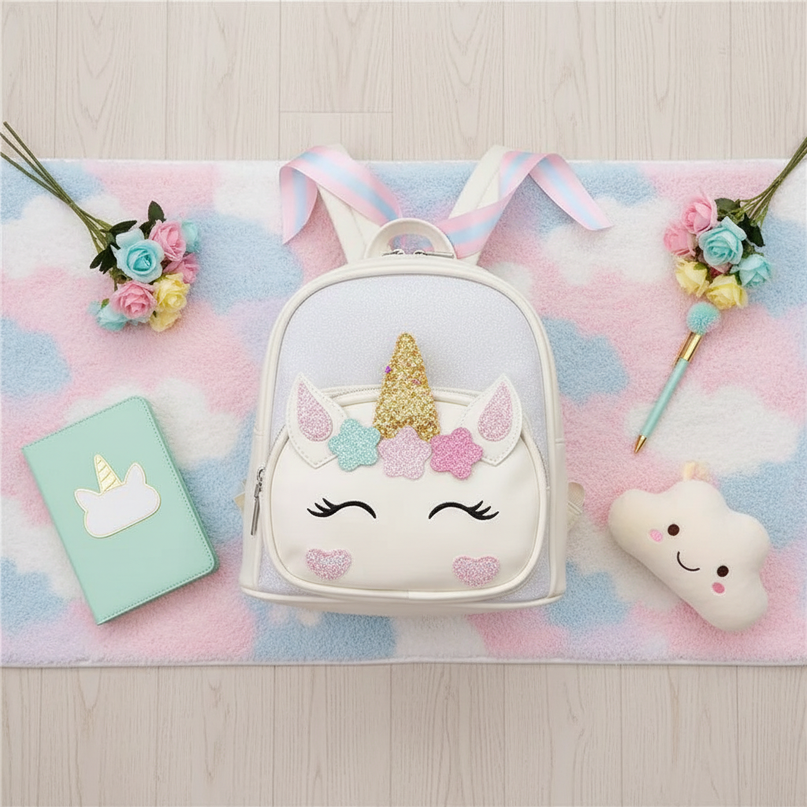 white unicorn school backpack custom name - flat-lay
